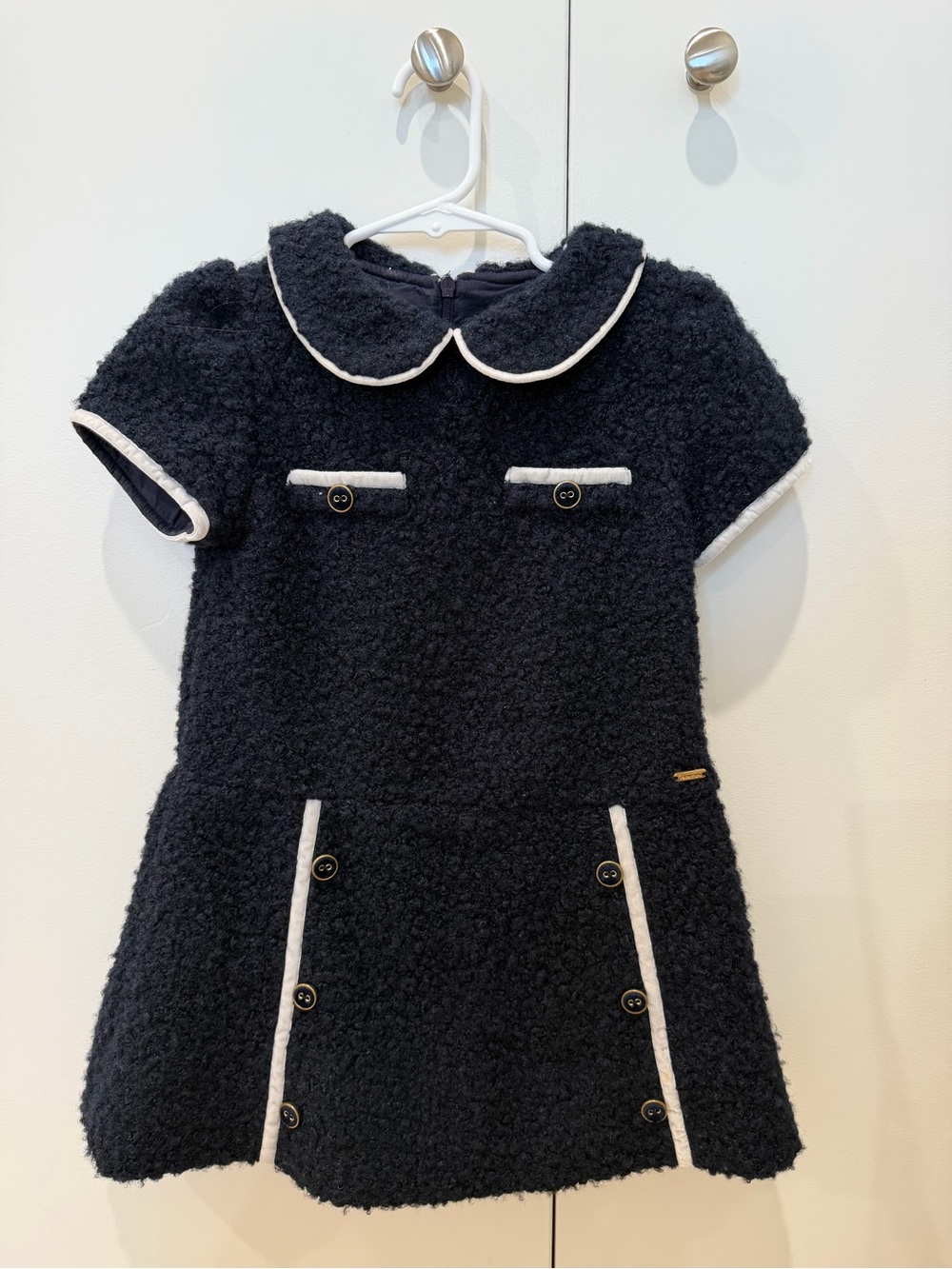 Patachou Girls' Black Bouclé Dress with White Trim